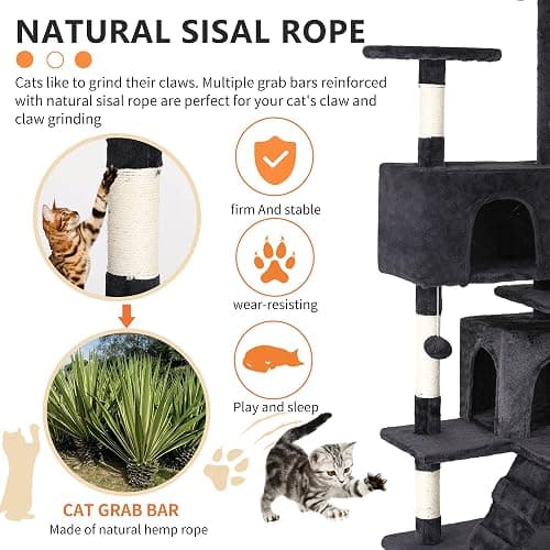 BestPet | 54" Cat Tree Tower | Dark Gray | Sturdy, Easy to Assemble, Multi-Level Activity Center with Sisal Scratching Posts, Condos, Perches, Hanging Cat Toys, Observation Decks & Ladder thumbnail 4