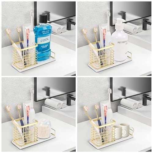 HarJue Toothbrush Holder, Luxurious Metal Toothbrush Toothpaste Holder with Marble Base for Bathroom, Multi-Slots Openwork Design, Bathroom Accessory for Storage and Organizer (Large, Gold) thumbnail 7