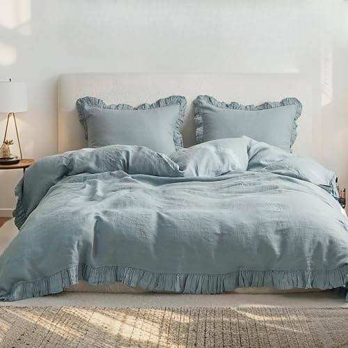 Simple&Opulence 100% Linen Duvet Cover Set, 3 PCS Natural French Flax Dusty Blue Ruffle Duvet Cover Queen Size, Breathable Comfy Linen Bedding Comforter Cover with 2 Pillowcases(Dusty Blue, 88" X 92") - Image 1