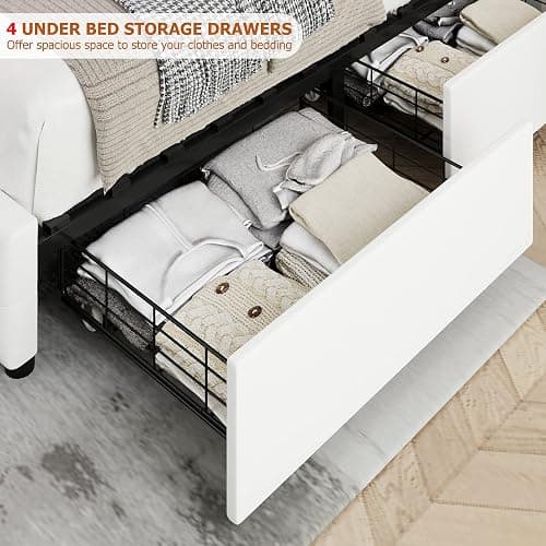 Full Size Bed Frame with 4 Storage Drawers and Adjustable Headboard, Upholstered Faux Leather Platform Bed with Button Tufted Design, Strong Wooden Slats Support, No Box Spring Needed, White thumbnail 6