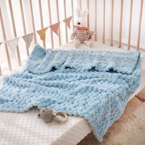 HOMRITAR Baby Blanket for Boys or Girls 3D Jacquard Fluffy Fuzzy Soft Warm Cozy Flannel Fleece Warm Blanket for Nursery, Stroller Toddler Bedding (30 x 40 Inch, Blue) thumbnail 2