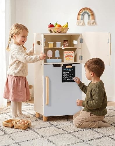 ROBOTIME Wooden Toy Fridge for Kids, Realistic Play Fridge with Freezer, Blackboard, Egg & Ice Cream Accessories, Spacious Storage Play Refrigerator for Kids, Perfect Play Kitchen Pretend Kitchen Toy thumbnail 8