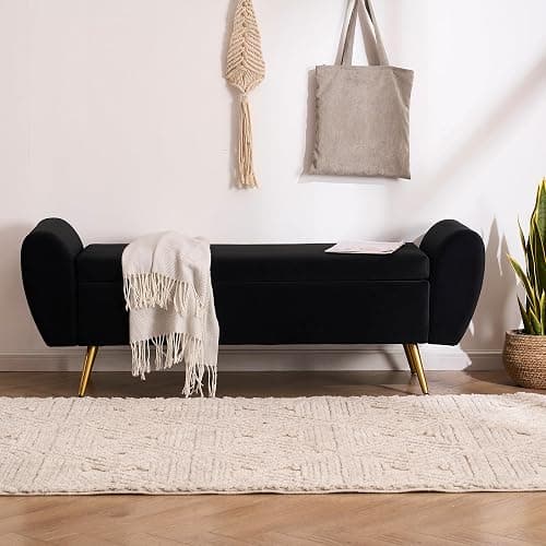 56" Storage Bench for Bedroom King Size Bed, Gold Legs, Velvet Black | Long Ottoman, Modern End of Bed Bench, with Arm, Upholstered, For Bedroom/Living Room/Window/Entryway thumbnail 6