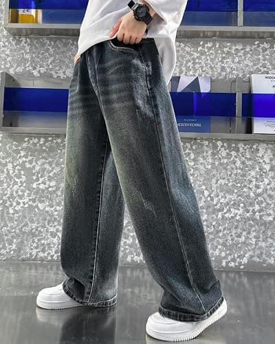 Rolanko Boys Baggy Jeans, Wide Leg Elastic Waist Denim Pants Loose Fit Trousers Vintage Y2K Streetwear thumbnail 2