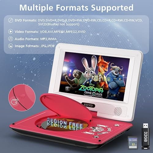 11.5" Portable DVD Player for Kids and Car, 9.5" Swivel HD Screen with 4-6 Hours Built-in Battery, Support Sync Screen to TV, Support SD Card/USB/Multiple Disc Formats (Red) thumbnail 3