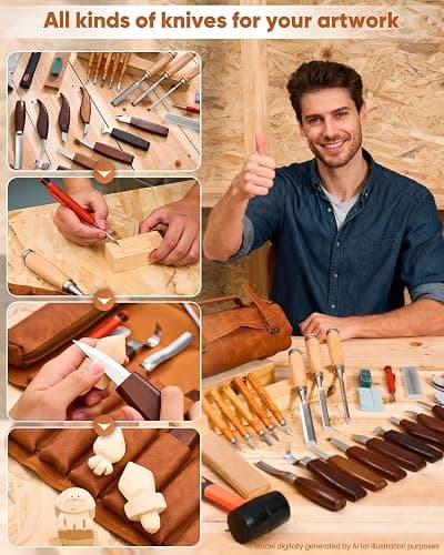 SakerNeo 25-Piece Wood Carving Kit Whittling Kit with Leather Storage Bag | Wood Carving Tools wood carving set Includes Gouges, Chisels, Knives – Ideal Woodworking Set for Beginners & DIY Gift thumbnail 6