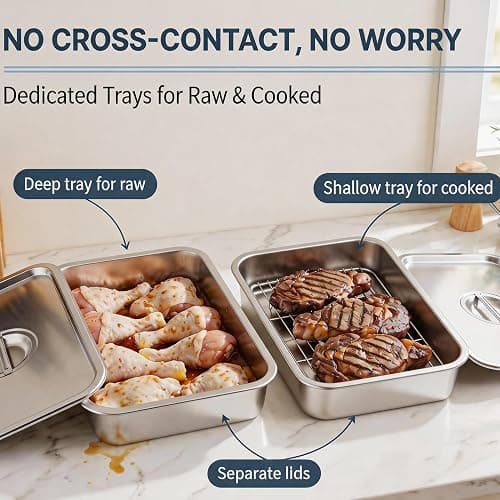 Zkeewup Grill Prep Tray & Serving Tray Set with Lids –5-Piece Grill Carry System for Marinating, Carrying & Serving, Stainless Steel BBQ Trays, BBQ Prep Grill Pan with 2 Lids and 1 Rack thumbnail 6