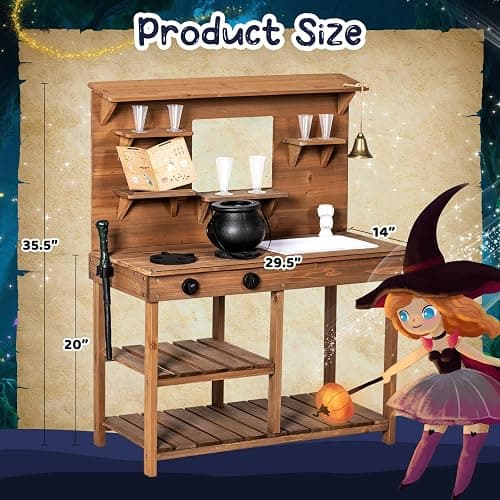BRINJOY Mud Kitchen Playset for Kids, Wooden Magic Kitchen Set w/Wand, Recipe, Removable Sink, Faucet, Stove, Toddler Outdoor Pretend Play Kitchen, Witch Role Play, Fairy Potion, Gift for Boys Girls thumbnail 3