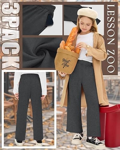 LessonZoo 3 Pack Girls Sweatpants Teen Front Seam Straight Leg Pants Kids Open Bottom Wide Leg Loose Joggers with Pockets thumbnail 5