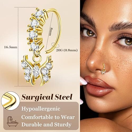 SOMEITIA 20PCS 20G Surgical Steel Dangle Nose Rings for Women L Shaped Nose Studs Dangling Nose Rings Hoops CZ Flower Butterfly Moon Nose Piercing Jewelry thumbnail 4