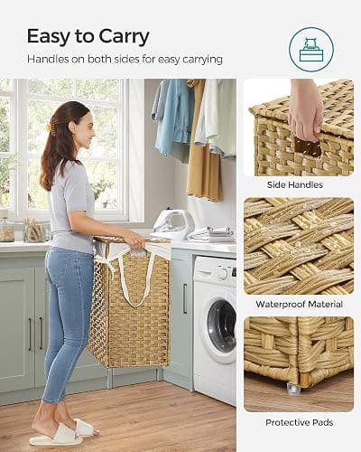 SONGMICS Laundry Hamper with Lid, 110L Clothes Hamper with 2 Removable Liner Bags, 6 Mesh Bags, Wicker Laundry Basket, Double Laundry Hamper for Bathroom, 13 x 22.4 x 23.6 Inches, Natural ULCB52NL thumbnail 7