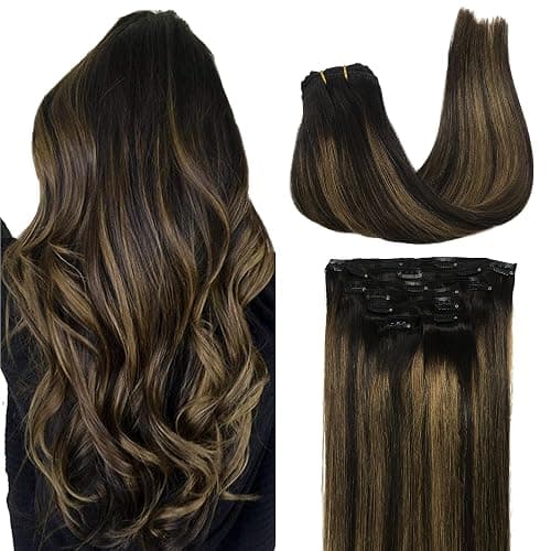 GOO GOO Clip in Hair Extensions Real Human Hair, Remy Human Hair Extensions Clip ins for Women, Natural Human Hair, 22inch 120g 7Pcs, 1B/6/1B Balayage Natural Black to Chestnut Brown - Image 1