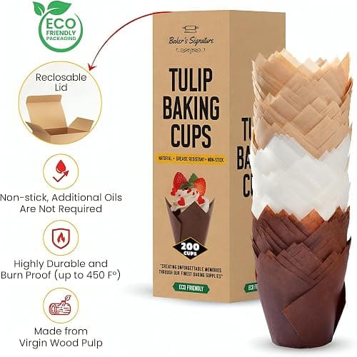Tulip Cupcake Liners, Muffin Liners for Baking by Baker’s Signature 200pcs of Parchment Paper Cups Cupcake Wrappers – Perfect Size, Sturdy, Greaseproof & Easy to Use – Beige White Brown thumbnail 4