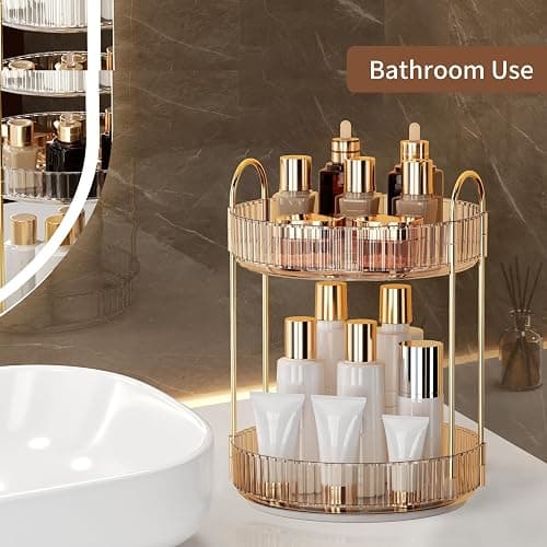 YCIA&DONE 360 Rotating Makeup Organizer and Storage for Vanity Countertop 2 Tiers, High Capacity Cosmetic Skincare Perfume Organizers for Dresser Bathroom Lazy Susan (Amber Gold) thumbnail 8