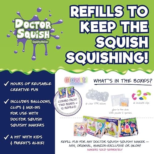 Doctor Squish Squishy Maker Neon Refill Pack | DIY Squishy Making Kit with 6 TPR Balloons, 6Reusable Clips, Glow in The Dark Sparkles & Slime Powder | Make Your Own Squishies | Ages 8 (Glow 2 Pack) thumbnail 4