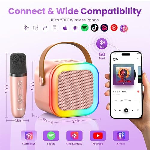 Karaoke Machine for Kids Adults, Portable Bluetooth Mini Karaoke Microphone Singing Speaker Karaoke Player with 2 Wireless Mic Toys for All Smartphones,Birthday, Family,Home Party (Rose Gold) thumbnail 3