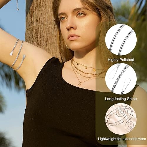 Vegolita 6Pcs Boho Coil Arm Cuff Bangle Set - Adjustable Minimalist Open Arm Cuff Armlet Armband thumbnail 4
