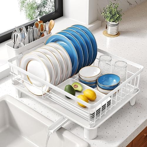 SNTD Dish Drying Rack - Small Dish Rack for Kitchen Counter, Stainless Steel Dish Drainer with Utensil Holder and Drainboard, 11" W x 15" L (White) - Image 1