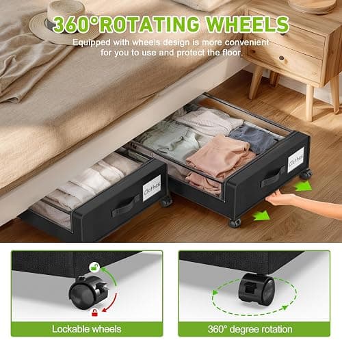 Molutsody Under Bed Storage with Wheels, 2-Pack Underbed Storage Containers with Clear Lids, Under Bed Shoe Storage Organizer, Rolling Under the Bed Storage Bins for Clothes Shoes Blankets (Black) thumbnail 3