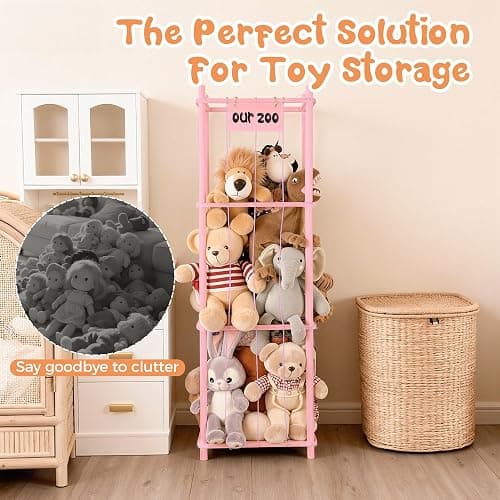 LAMU Stuffed Animal Storage, Wooden Zoo Stuffed Animal Holder with Elastic Cords, Space Save Toy Organizer, Extra Large Capacit Stuffed Animal Organizer for Playroom, Bedroom, Nursery, Pink thumbnail 5