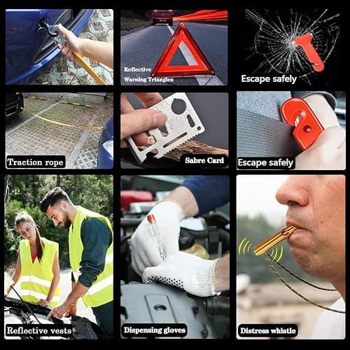 LIANXIN Roadside Emergency Car Kit-Safety Car Kit Car Emergency Kit with Jumper Cables Roadside Assistance Kit, Tow Rope, Safety Hammer, Reflective Warning Triangle,Car Tool Kit thumbnail 6