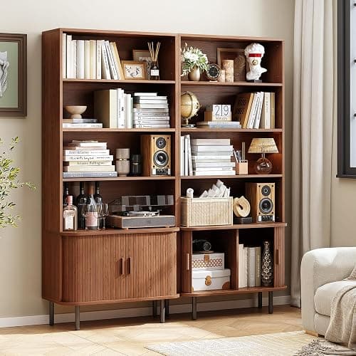 ONBRILL 71" Tall Bookshelf, 4-Tier Bookcase with Storage Cabinet & Adjustable Storage Shelf, Freestanding Wood Bookshelf with Sliding Door and Adjustable Footpad, for Home Office, Living Room, Walnut thumbnail 3