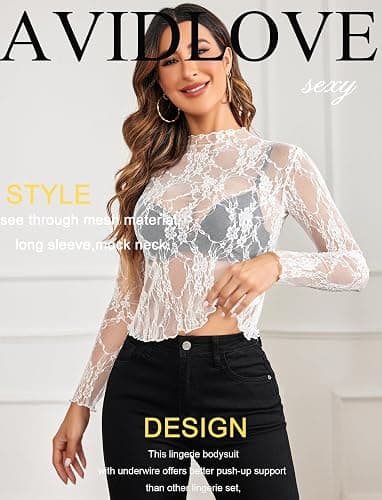Avidlove Women's Mesh Top Long Sleeve Mock Neck Sheer Blouse See Through Floral Lace Tops thumbnail 5