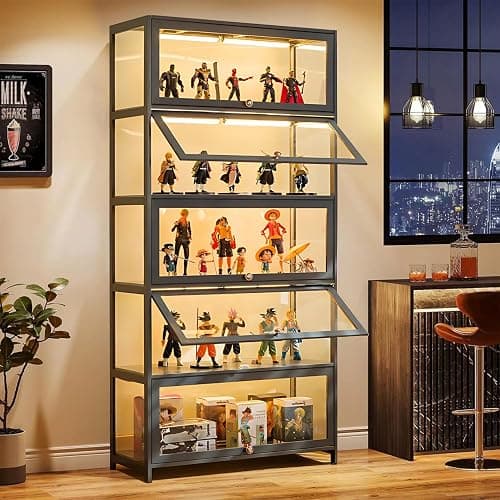 Display Cabinet with Acrylic Glass Doors, 5-Tier Transparent Bamboo Curio Display Case for Figures, Display Shelves for Collectibles & Kids Bookcase for Home, Office, Playroom, Living Room - Grey-flip Door - Image 1