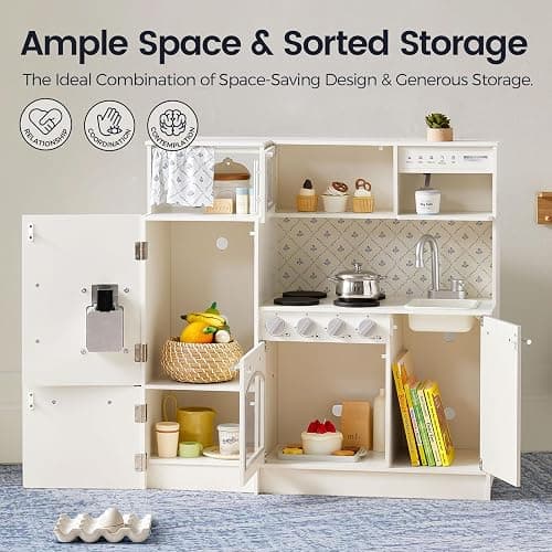 Tiny Land Play Kitchen for Kids, Upgraded Wooden Kitchen Toy with Complete Play Areas, Pretend Cooking Set with Sink, Stove, Microwave, Toy Coffee Station & Storage for Kids Ages 3+ thumbnail 5
