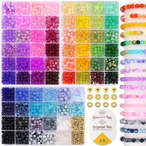 6mm Glass Beads for Bracelets, 2700pcs 70 Colors Crackle Glass Beads for Jewelry Making, Funtopia Round Crystal Beads for DIY Necklace Crafts with Spacer Beads, Solid and Floral Colors - Image 1