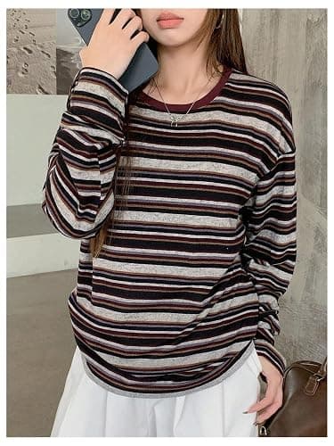 RoseSeek Women's Trendy Striped Long Sleeve T Shirts Casual Color Block Crew Neck Drop Shoulder Streetwear 2025 Fall Tops thumbnail 2