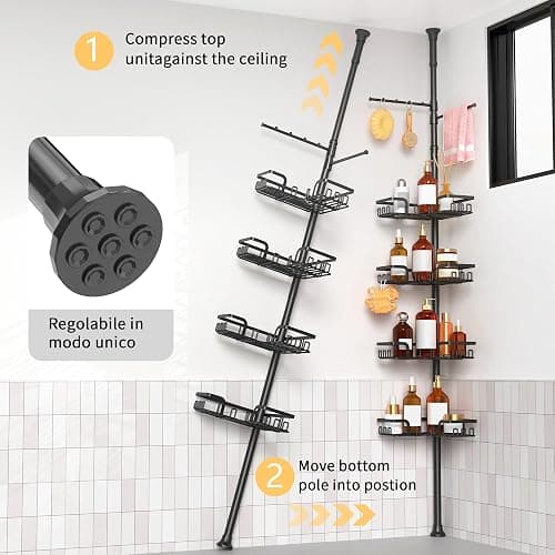 ZUNTO Tension Pole Shower Caddy with 2 Towel Holder and Hooks for Bathroom, Adjustable 25in-114in Floor to Ceiling Shower Organizer, Standing 4 Tier Corner Shelves for Storage and Hanging, Matte Black thumbnail 7