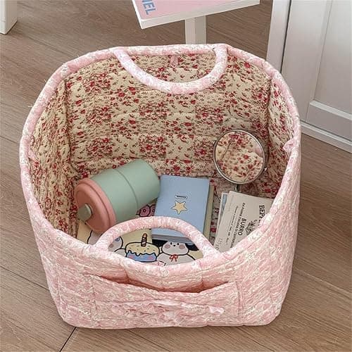 Boho Fabric Storage Basket Quilted Floral Print Baskets Organizer Bin with Handles for Home, Picnic, Shopping (Pink, L) thumbnail 4
