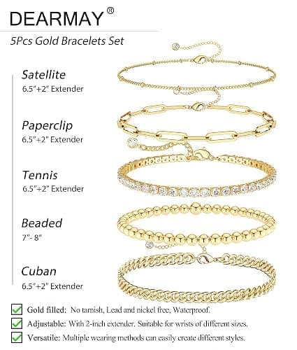 DEARMAY 14K Gold Plated Bracelets for Women, Jewelry Sets Cute Tennis Beaded Bracelets Cuban Link Paperclip Chain Dainty Bracelet Pack Gifts thumbnail 4