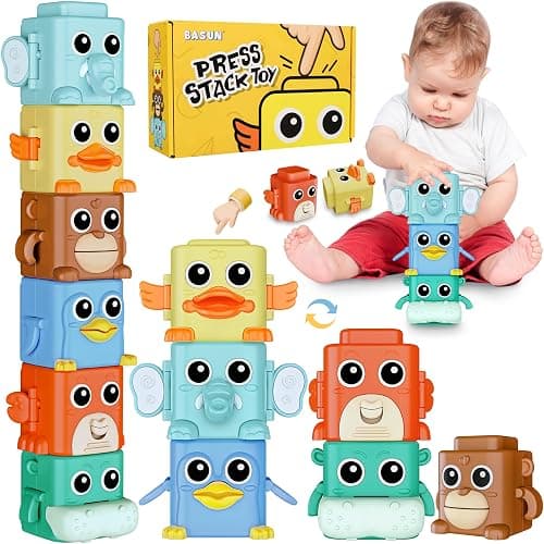 BASUN Stacking Toys Set for Toddlers 18+ Months, 6 in 1 Infant Sensory Toys with Changing Expressions, Pressable Animal Stacking Blocks, Christmas Birthday Gifts for 1 2 3 4 Years Old Baby Boys Girls - Image 1