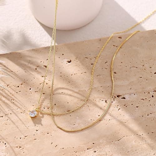 ROAMORE 2 PCS Layered Necklaces For Women 14K Gold Plated Stackable Chain Choker Dainty Silver Layering Necklace Cubic Zirconia Pendant Set Simple Jewelry thumbnail 6
