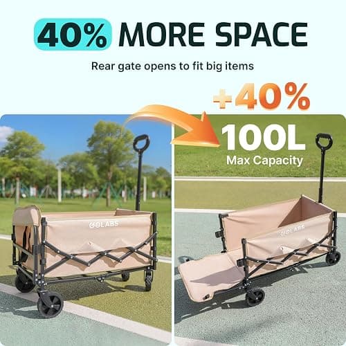 Golabs Collapsible Wagon Cart Max 350lb Load & Expandable Storage 100L, Double Bearing Design for Flexible Steering, Foldable Heavy Duty Garden Cart with 2 Cup Holders for Groceries, Garden & Camping thumbnail 2