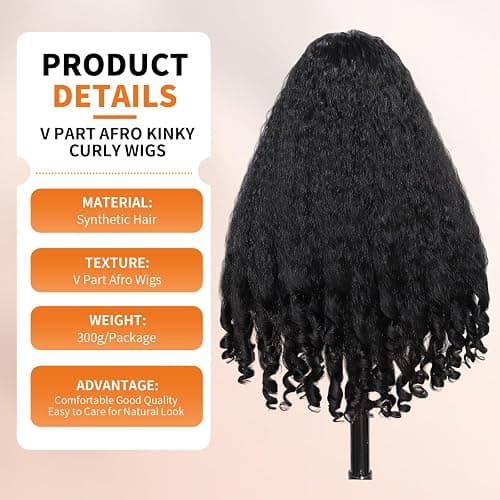 Geogroket Afro Curly V Part Wig Kinky Curly Wigs for Black Women 180% Density Wear and Go Glueless Wig with Unique Bouncy Curls in the End Synthetic Black No Leave out Clip in 24 Inch(#1B) thumbnail 2