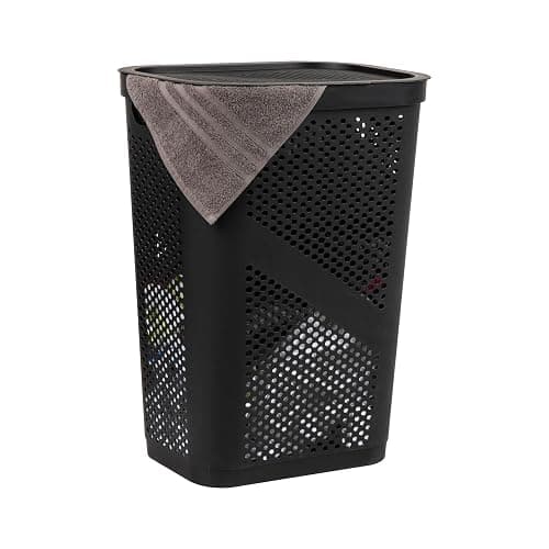 Mind Reader Slim Laundry Hamper with Lid, 60L Clothes Basket, Ventilated Plastic, Black - Image 1