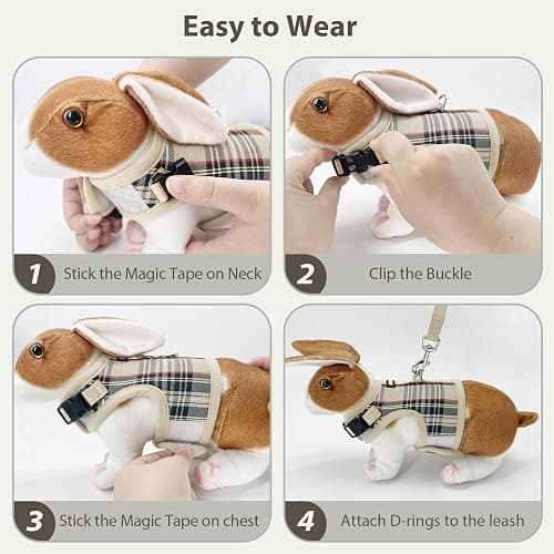 AIITLE Adjustable Bunny Harness & Leash Set - Soft Mesh Liner, Comfort Fit Plaid Pattern Vest with Magic Tape Design, Portable for Small Animal Pets Puppy Cat Rat Squirrel Ferret, Beige L thumbnail 5