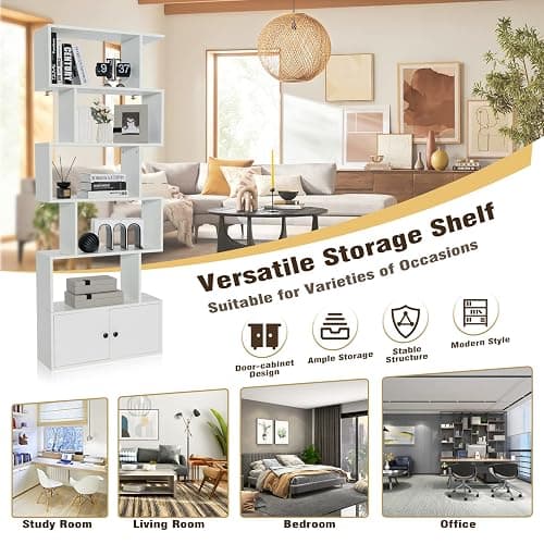 Giantex 6-Tier Geometric Bookcase with Cabinet, Freestanding Display Shelves with Anti-Tipping Device, Wood S-Shaped Bookshelf for Living Room, Bedroom, Study, White thumbnail 8