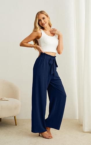 IWOLLENCE Women's Wide Leg Pants with Pockets High Waist Adjustable Knot Loose Casual Trousers Business Work Casual Pants thumbnail 5
