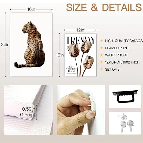 3Pcs Framed Trendy Leopard Print Canvas Wall Art Picture Stylish Female Aesthetic Poster Cheetah Printed Preppy Fashion Skateboard Wall Decor for Bedroom Apartment Dorm Living Room 12x16in thumbnail 3