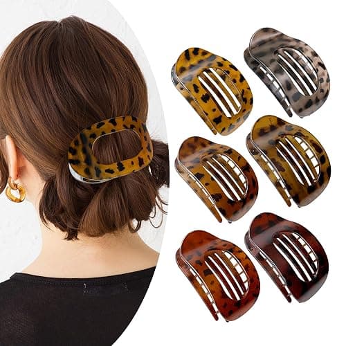 Flat Hair Clips for Women,6 Pack Ergonomic Curved Hair Claw Clips for Thick Thin Curly Hair,Strong Hold No Slip French Large Hair Claw Clips for All Hair Textures,Comfortable All-Day Wear,Leopard - Image 1