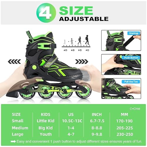 2PM SPORTS Torinx Green Boys Adjustable Inline Skates, Fun Beginner Roller Skates for Kids, Youth, Girls, Men and Women thumbnail 3