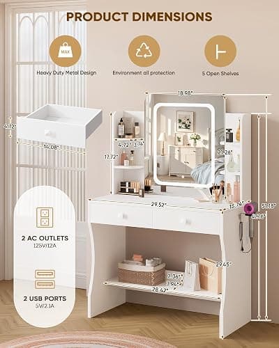 LIVELYGLOW Makeup Vanity Desk with Smart LED Mirror and Power Outlet, Small Makeup Vanity Table with 2 Drawer and 5 Shelves, Dressing Table-White - 01_white - LED Vanity with Shelves thumbnail 5