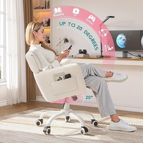 DurayLoly Home Office Chair with Wheels Soft-Touch Material,Modern Cute Vanity Chair with Back Adjustable Height Upholstered Comfy Desk Chairs with Side Pockets for Bedroom,White thumbnail 4