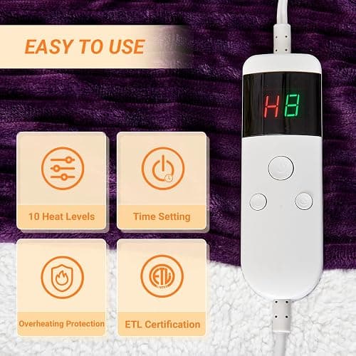 Qieryun Heated Blanket Electric Throw, Soft Flannel Heating Blanket with 8 Hours Auto Off 10 Fast Heating Levels Machine Washable Sherpa Heated Blanket with Overheating Protection thumbnail 3