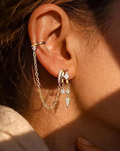 Triple Huggie Stacked Earrings for Women Gold Chain Drop Dangle Earrings Cute Statement CZ Earrings Trendy Dainty Jewelry Gift thumbnail 5