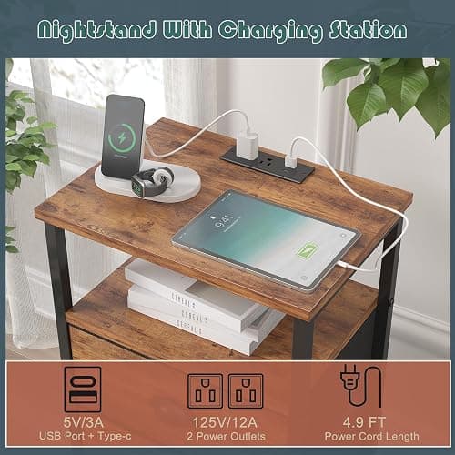 sthmec Nightstand with Charging Station,LED Night Stand with 5 Fabric Drawers, Bedside End Tables, 2-Tier Open Storage Shelf Side Table Nightstands with Drawers for Bedroom,Rustic Brown thumbnail 4
